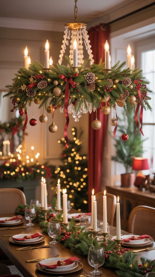 Classic Christmas Chandelier Decoration with Pinecones, Berries, and Gold Accents