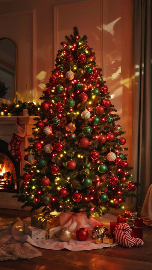 Classic Christmas Tree with Red and Green Colored Lights