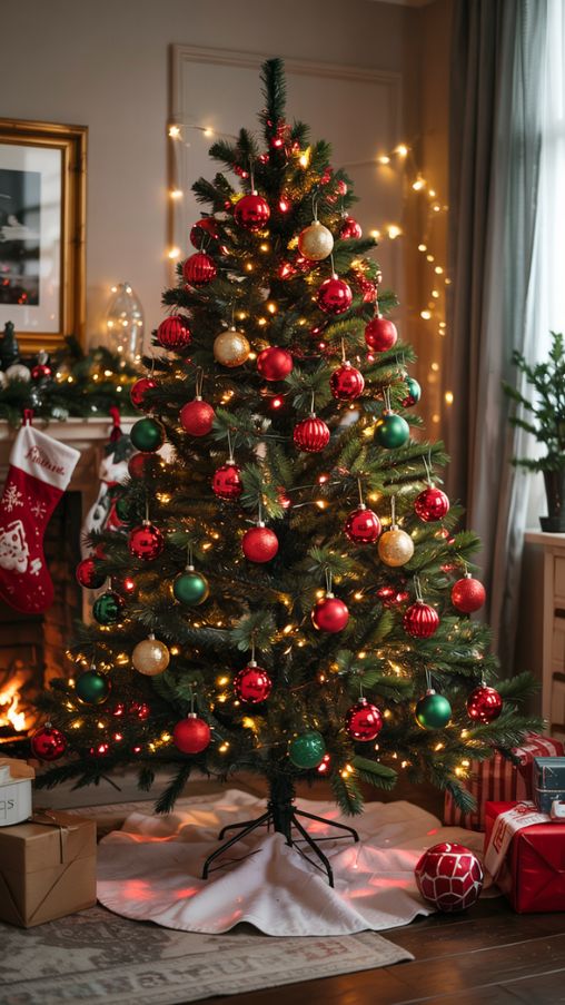 Classic Christmas Tree with Red and Green Colored Lights