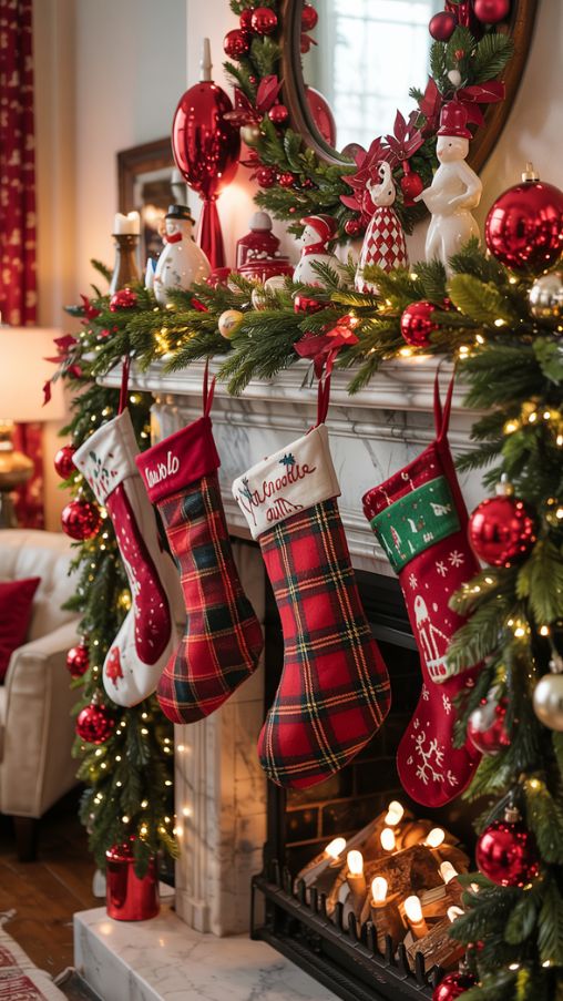 Classic Red and Green Fireplace Mantle Christmas Decor