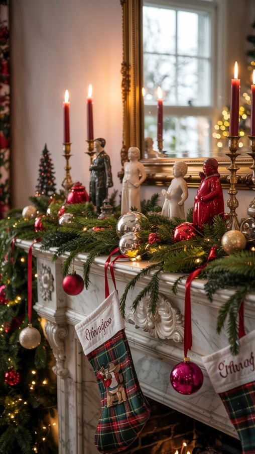 Classic Red and Green Fireplace Mantle Christmas Decor