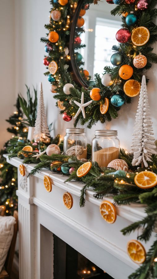 Coastal and Orange-Themed Fireplace Mantel Christmas Decor