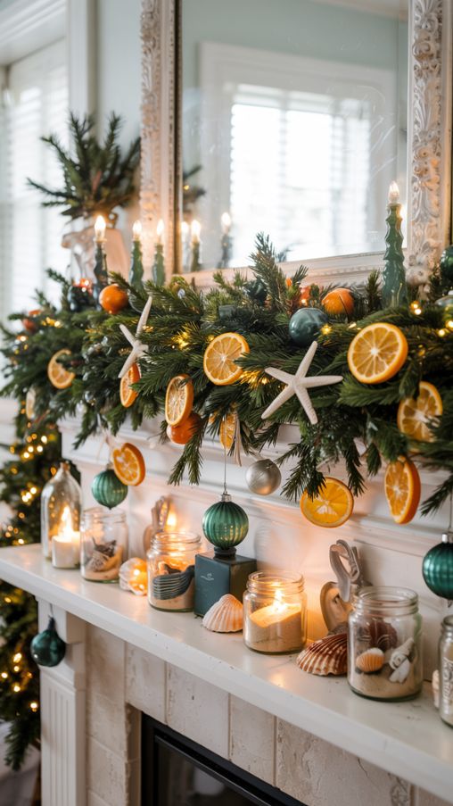 Coastal and Orange-Themed Fireplace Mantel Christmas Decor