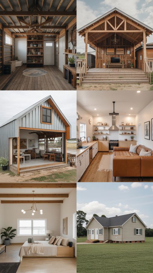 Collage of small Barndominium architectural styles including rustic modern, farmhouse, modern minimalist, and ranch-style designs with cozy and functional interiors.