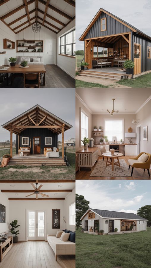 Collage of small Barndominium architectural styles including rustic modern, farmhouse, modern minimalist, and ranch-style designs with cozy and functional interiors.