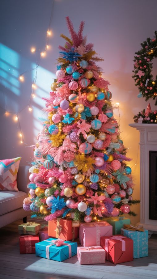 Colorful Christmas Tree Decorating Ideas Photorealistic