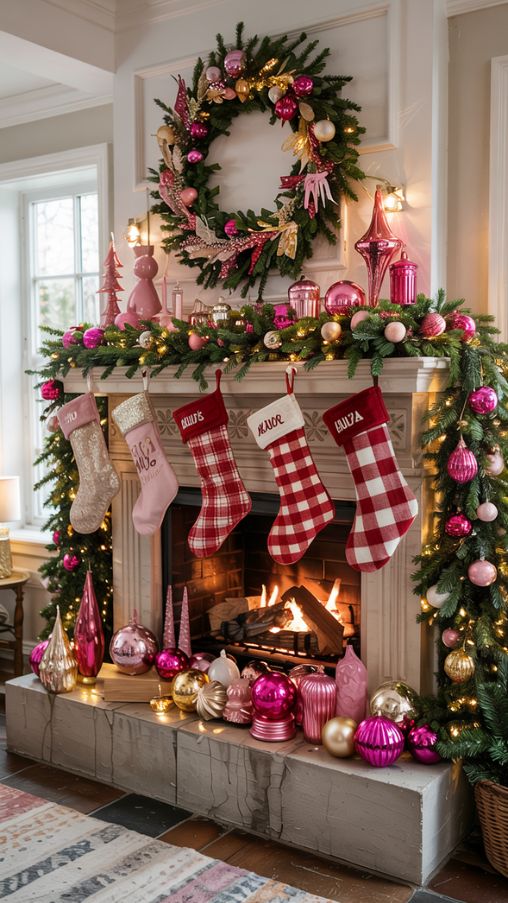 A vibrant living room fireplace mantel decorated for Christmas in a colorful, themed style. The mantel features a playful mix of bold colors, such as pink and gold accents, paired with buffalo plaid stockings. Greenery and neutral elements are layered to balance the visual impact, while ornaments and decorative objects reflect the chosen color palette. The arrangement emphasizes height variation and spacing, creating a modern, striking, and festive display. Photorealistic, high-resolution, natural lighting, textures in garlands, ornaments, and stockings clearly visible, capturing the fun and creative energy of a themed holiday mantel.Keywords/Focus:
Colorful Fireplace Mantel Christmas Decor, Themed Holiday Mantel Ideas, Bold and Playful Christmas Mantel Styling