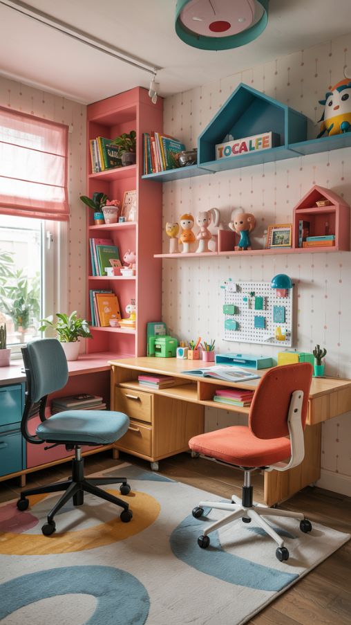 Photorealistic Toca Boca Office Ideas interior, modern and playful home office setup inspired by Toca Life World, cozy colorful workspace with creative desk arrangement, ergonomic chairs, bright wall accents, fun decorative items, plants, bookshelves, modern lighting, mix of professional and whimsical elements, vibrant yet organized office space suitable for kids and adults, realistic textures, natural light streaming through windows, high-resolution, cinematic lighting, attention to detail in furniture and decorAlt Text for Image:
Photorealistic Toca Boca office ideas showing a colorful and playful home office with desks, ergonomic chairs, vibrant wall accents, plants, and modern lighting