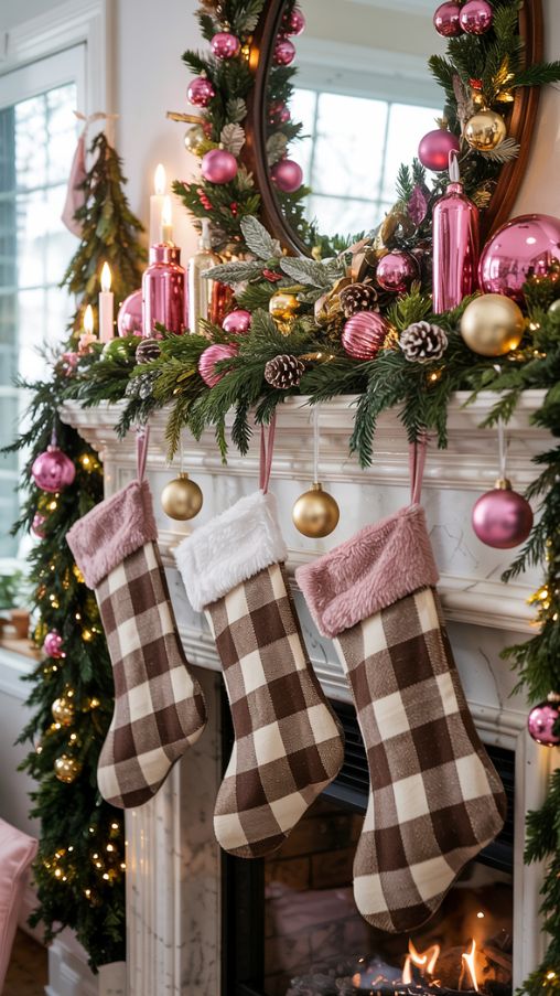 A vibrant living room fireplace mantel decorated for Christmas in a colorful, themed style. The mantel features a playful mix of bold colors, such as pink and gold accents, paired with buffalo plaid stockings. Greenery and neutral elements are layered to balance the visual impact, while ornaments and decorative objects reflect the chosen color palette. The arrangement emphasizes height variation and spacing, creating a modern, striking, and festive display. Photorealistic, high-resolution, natural lighting, textures in garlands, ornaments, and stockings clearly visible, capturing the fun and creative energy of a themed holiday mantel.Keywords/Focus:
Colorful Fireplace Mantel Christmas Decor, Themed Holiday Mantel Ideas, Bold and Playful Christmas Mantel Styling