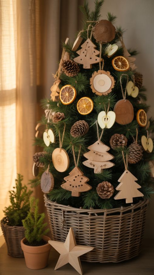 A cozy, eco-friendly Christmas tree decorated with sustainable ornaments made from natural and upcycled materials, including pinecones, dried fruit slices, clay shapes, and repurposed decorations. The tree is surrounded by subtle, natural accents such as a potted reusable tree base and simple wooden ornaments. Warm, soft lighting highlights the textures and earthy colors of the ornaments, creating a photorealistic, inviting holiday scene. The décor emphasizes sustainability without compromising style, showcasing a meaningful, environmentally conscious approach to Christmas tree decoration that feels warm, natural, and festive.Keywords/Focus: Eco-Friendly Christmas Ornaments, Sustainable Holiday Decorations, Natural DIY Tree