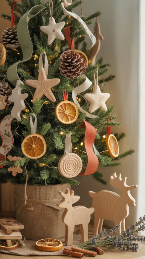 A cozy, eco-friendly Christmas tree decorated with sustainable ornaments made from natural and upcycled materials, including pinecones, dried fruit slices, clay shapes, and repurposed decorations. The tree is surrounded by subtle, natural accents such as a potted reusable tree base and simple wooden ornaments. Warm, soft lighting highlights the textures and earthy colors of the ornaments, creating a photorealistic, inviting holiday scene. The décor emphasizes sustainability without compromising style, showcasing a meaningful, environmentally conscious approach to Christmas tree decoration that feels warm, natural, and festive.Keywords/Focus: Eco-Friendly Christmas Ornaments, Sustainable Holiday Decorations, Natural DIY Tree
