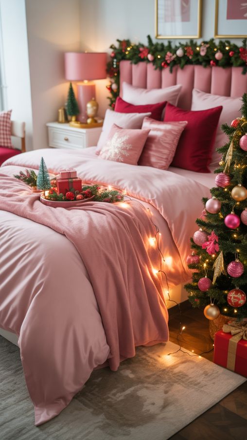 Combining Pink with Traditional Holiday Colors for a Festive Bedroom