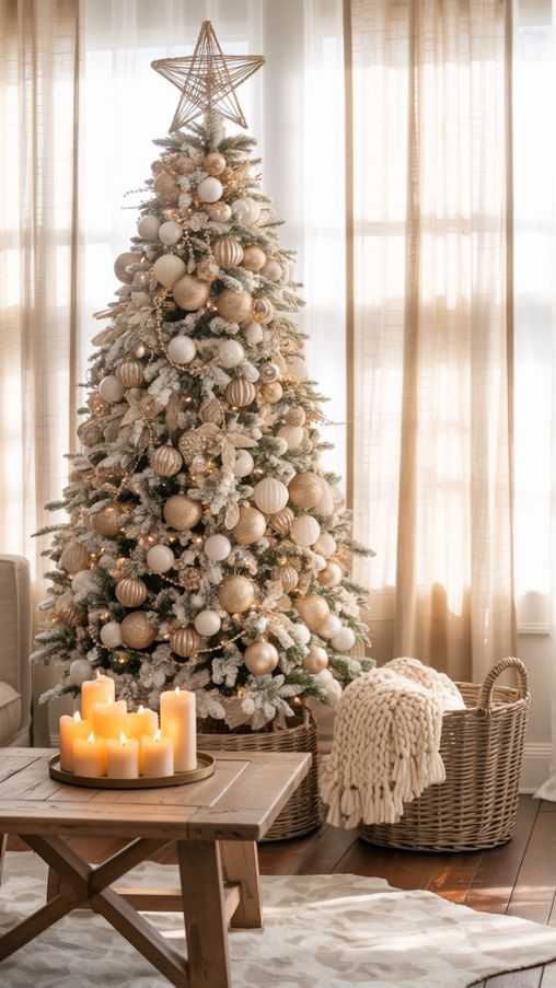 Create a photorealistic, high-resolution image for a home decor website featuring Farmhouse Christmas Tree Ideas. The scene should showcase a cozy living room with a modern farmhouse Christmas tree that blends traditional rustic charm with contemporary elegance. Include elements like a flocked tree, neutral ornaments, metallic accents, and a unique tree topper. Surround the tree with soft textures such as knitted throws, wooden furniture, and subtle holiday decor like lanterns and candles. Ensure warm, inviting lighting with natural sunlight streaming through windows, emphasizing realistic textures and materials. The composition should feel stylish, cozy, and festive.Keywords/Focus: farmhouse Christmas tree ideas, modern farmhouse Christmas tree, cozy holiday decorAlt Text for Image: cozy modern farmhouse living room with a flocked Christmas tree decorated with neutral ornaments, metallic accents, and rustic holiday decorImage Title: Modern Farmhouse Christmas Tree Ideas for Cozy Holiday Decor