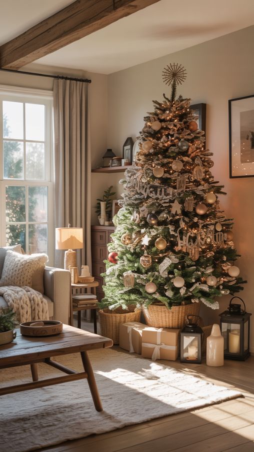 Create a photorealistic, high-resolution image for a home decor website featuring Farmhouse Christmas Tree Ideas. The scene should showcase a cozy living room with a modern farmhouse Christmas tree that blends traditional rustic charm with contemporary elegance. Include elements like a flocked tree, neutral ornaments, metallic accents, and a unique tree topper. Surround the tree with soft textures such as knitted throws, wooden furniture, and subtle holiday decor like lanterns and candles. Ensure warm, inviting lighting with natural sunlight streaming through windows, emphasizing realistic textures and materials. The composition should feel stylish, cozy, and festive.Keywords/Focus: farmhouse Christmas tree ideas, modern farmhouse Christmas tree, cozy holiday decorAlt Text for Image: cozy modern farmhouse living room with a flocked Christmas tree decorated with neutral ornaments, metallic accents, and rustic holiday decorImage Title: Modern Farmhouse Christmas Tree Ideas for Cozy Holiday Decor