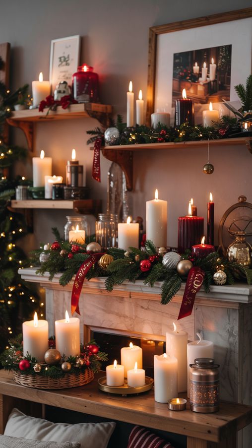Cozy Christmas Candle Décor for Fireplace Mantels and Shelves