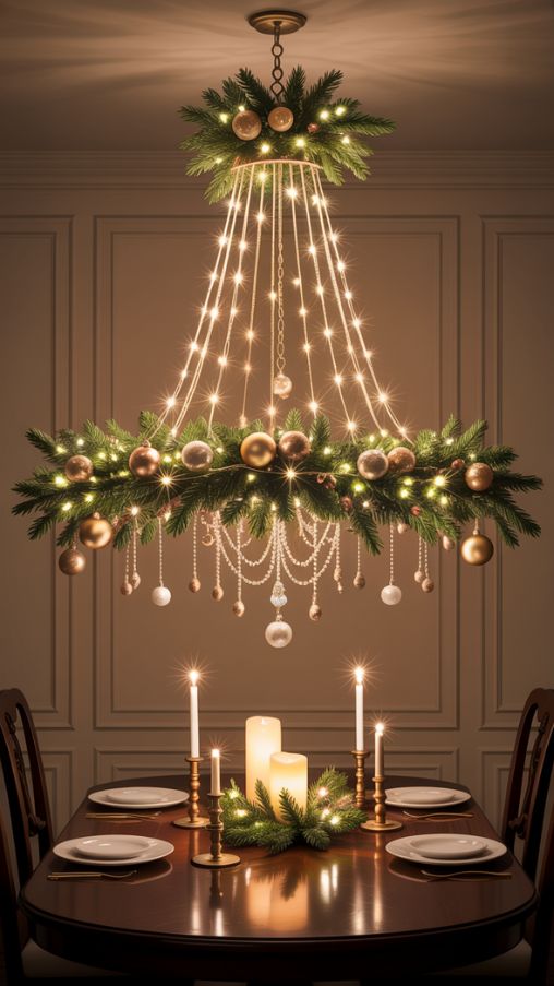 Cozy Christmas Chandelier Lighting with Twinkling String Lights and Warm Glow