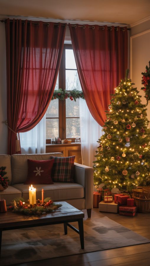 Cozy Christmas Living Room with Elegant Velvet Curtains