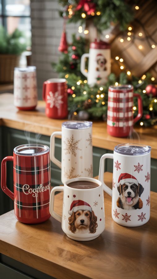 Cozy Christmas Tumblers Display in Festive Kitchen