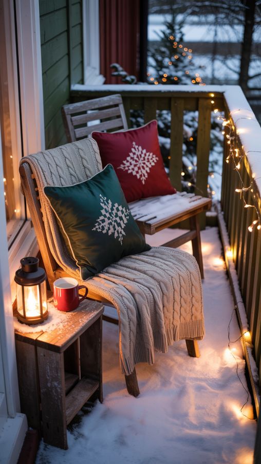 Cozy Christmas balcony with throws, pillows, and warm holiday blankets