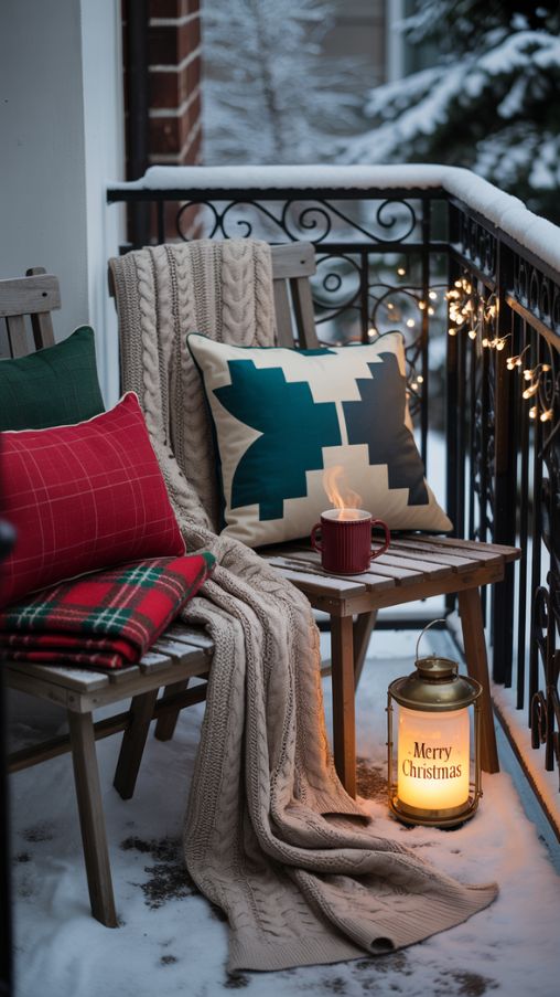 Cozy Christmas balcony with throws, pillows, and warm holiday blankets