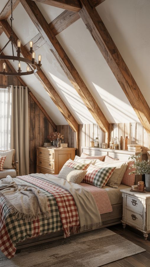 Cozy Country Farmhouse Bedroom with Layered Textures and Rustic Charm