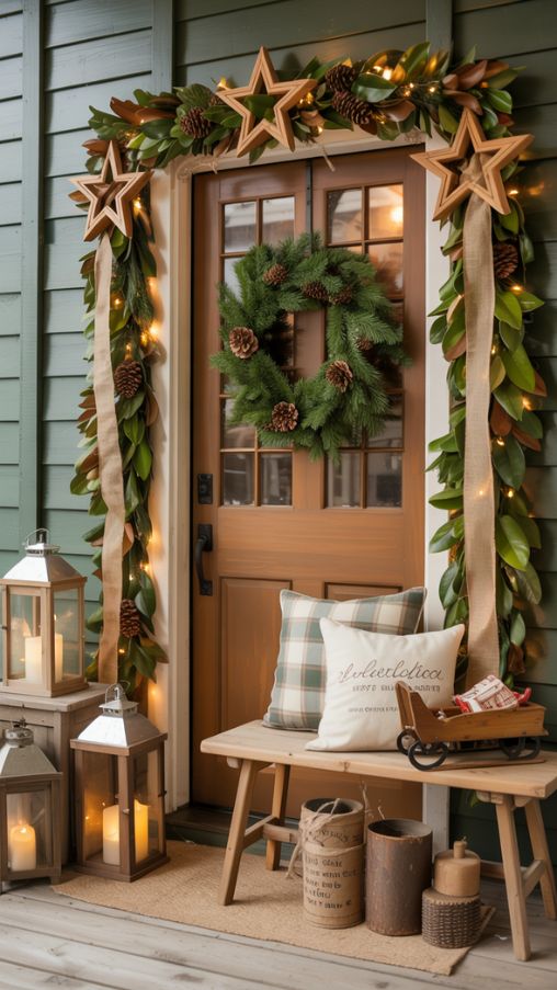 Cozy Rustic Farmhouse Christmas Entryway Decor with Burlap and Magnolia Greenery