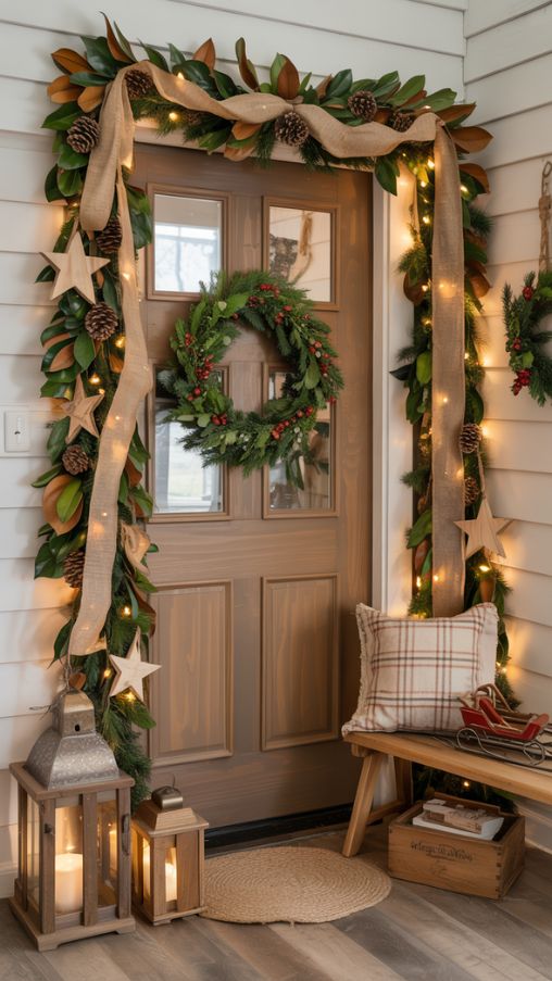 Cozy Rustic Farmhouse Christmas Entryway Decor with Burlap and Magnolia Greenery
