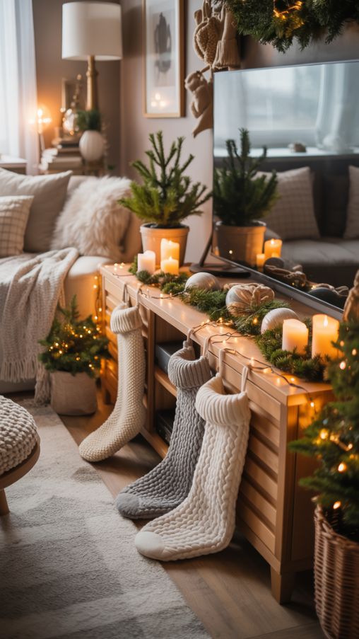 Cozy and Hygge-Inspired TV Stand Christmas Decor Ideas
