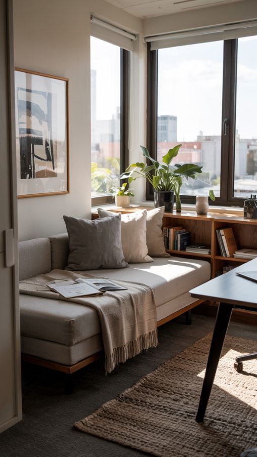 Creating Distinct Zones in Daybed Office Guest Rooms Using Rugs and Room Dividers