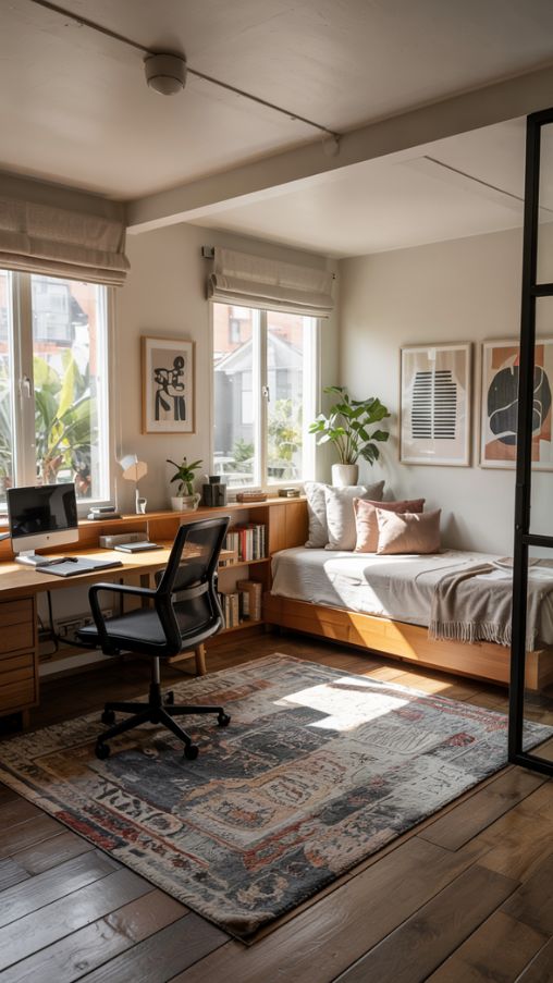 Creating Distinct Zones in Daybed Office Guest Rooms Using Rugs and Room Dividers