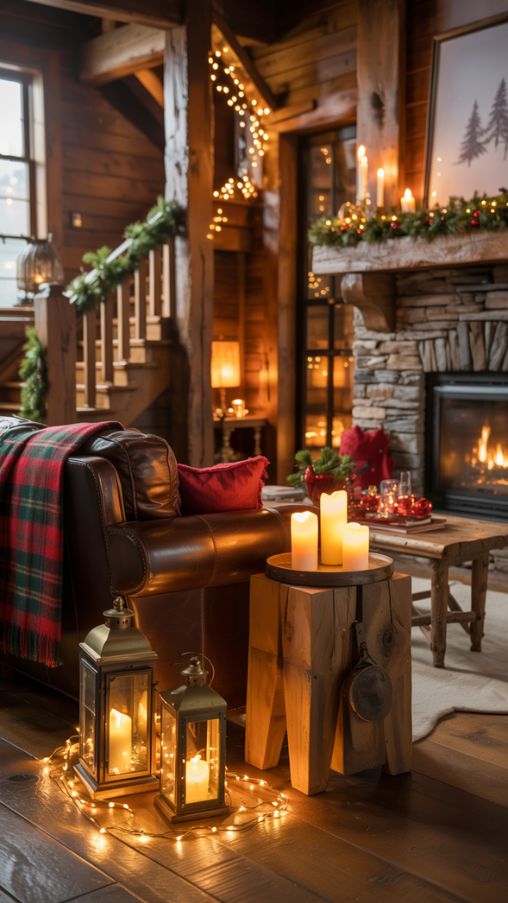 Create a cozy mountain lodge living room decorated for Christmas, emphasizing layered lighting for warmth and ambiance. Include candles, lanterns, and string lights arranged at different heights—lanterns on the floor near the fireplace, fairy lights along stair rails, and pillar candles on side tables. Highlight rustic wooden furniture, plaid throws, pine garlands, and other natural textures to complement the lighting. The glow should be soft and enveloping, creating a magical, intimate atmosphere without relying on overhead lights. Ensure the scene feels inviting, warm, and authentically lodge-style, evoking a festive and cozy holiday environment.