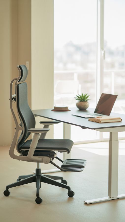 A modern home office designed with ergonomics and health in mind. The workspace features an adjustable-height desk paired with a supportive ergonomic chair, a monitor stand, and a footrest. The desk surface holds a laptop, a notebook, and a small plant, keeping essentials within easy reach. Natural light fills the room, highlighting a clean and organized setup. Minimal decor and neutral tones create a calming atmosphere while promoting proper posture and long-term comfort. The environment balances functionality, style, and wellness, showing how health-focused office desk ideas can enhance both productivity and overall well-being.Creative DIY Desk Projects (1)