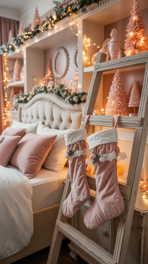 Creative Pink Christmas Stockings and Shelf Accents for a Festive Bedroom