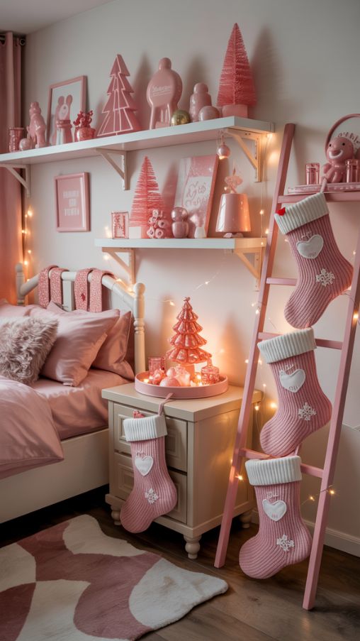 Creative Pink Christmas Stockings and Shelf Accents for a Festive Bedroom