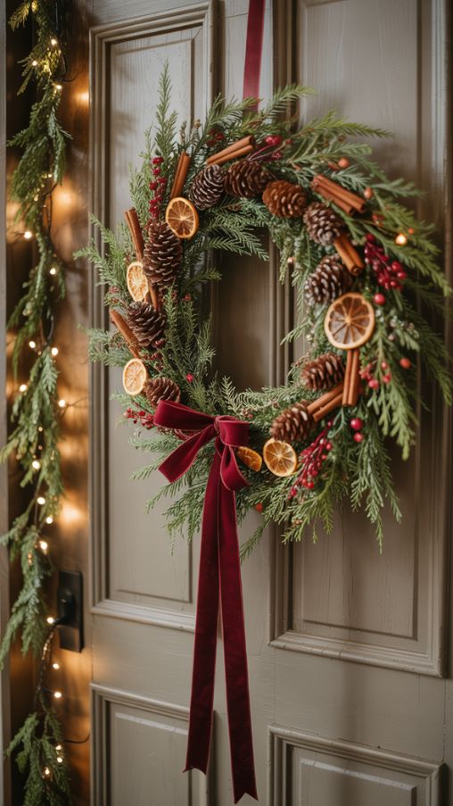 Aesthetic Christmas Decor Ideas featuring creative wreaths and garlands, photorealistic style, natural evergreen branches adorned with pinecones, red berries, dried orange slices, and cinnamon sticks, elegant ribbons coordinating with neutral and jewel-tone color palette, wreaths hanging on doors and garlands draped along mantels and staircases, cozy warm lighting highlighting textures and festive details, attention to realistic shadows and reflections, DIY-inspired holiday charm, sophisticated yet inviting aesthetic, high-resolution, depth of field focusing on natural accents and festive arrangementKeywords/Focus: Aesthetic Christmas Decor Ideas, creative Christmas wreaths and garlands, natural holiday decorations, DIY festive garlandsAlt Tag for Image: Festive Christmas wreaths and garlands decorated with pinecones, berries, dried orange slices, cinnamon sticks, and elegant ribbons, adding cozy holiday charm to doors, mantels, and staircasesImage Title: Creative Wreaths and Garlands for Aesthetic Christmas Decor