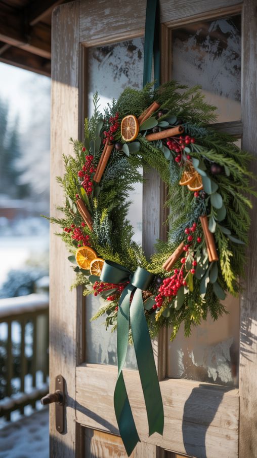 Aesthetic Christmas Decor Ideas featuring creative wreaths and garlands, photorealistic style, natural evergreen branches adorned with pinecones, red berries, dried orange slices, and cinnamon sticks, elegant ribbons coordinating with neutral and jewel-tone color palette, wreaths hanging on doors and garlands draped along mantels and staircases, cozy warm lighting highlighting textures and festive details, attention to realistic shadows and reflections, DIY-inspired holiday charm, sophisticated yet inviting aesthetic, high-resolution, depth of field focusing on natural accents and festive arrangementKeywords/Focus: Aesthetic Christmas Decor Ideas, creative Christmas wreaths and garlands, natural holiday decorations, DIY festive garlandsAlt Tag for Image: Festive Christmas wreaths and garlands decorated with pinecones, berries, dried orange slices, cinnamon sticks, and elegant ribbons, adding cozy holiday charm to doors, mantels, and staircasesImage Title: Creative Wreaths and Garlands for Aesthetic Christmas Decor