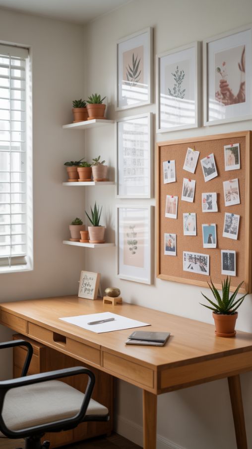 A stylish and functional home office featuring decorative wall elements that maximize both design and practicality. The walls showcase aesthetically pleasing calendars, a bulletin board with photos and notes, and floating shelves displaying small plants, art, and decorative items. The desk below is tidy, complementing the wall’s organization. Soft natural light enhances the textures and colors, creating a cozy, personalized, and inspiring workspace. The overall look combines functionality with charm, making the office feel both cute and highly practical. Keywords/Focus: cute office ideas, functional wall decor, home office organization Alt Text: A home office with decorative and functional wall elements including calendars, a bulletin board, and floating shelves displaying plants and art. Image Title: Cute Office Ideas with Decorative and Functional Wall Elements