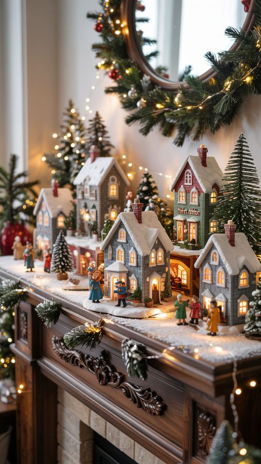 DIY Christmas Village Fireplace Mantel Decor