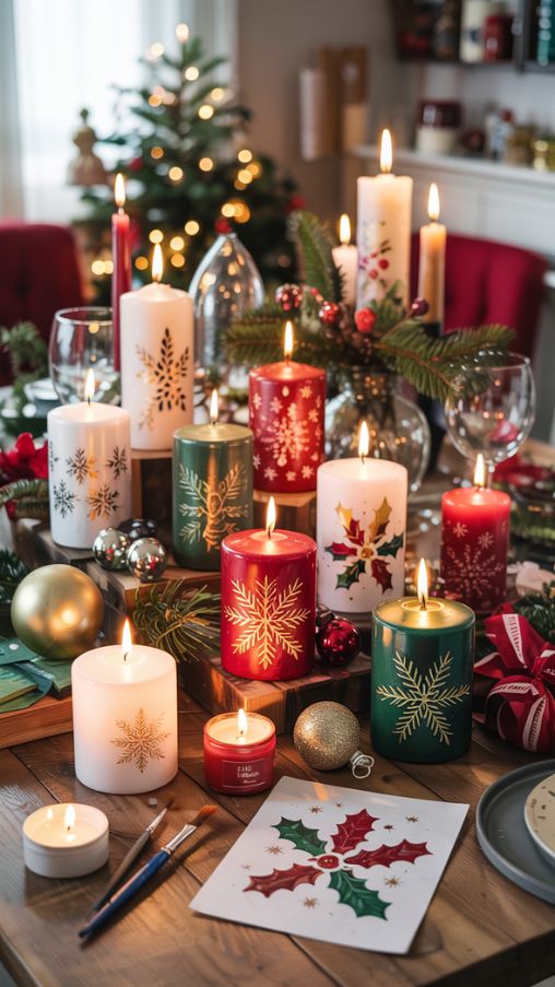 DIY Painted and Stenciled Christmas Pillar Candles for Festive Decor