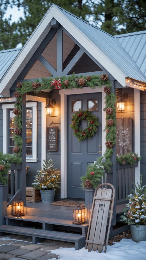 Create a cozy, photorealistic exterior of a small rustic cabin decorated for Christmas. Feature a pine and berry wreath on the front door, a pinecone and twine garland draped along the porch railing, and metal or wooden lanterns placed on steps and windowsills. Include small potted evergreens in the entryway corners and a decorative wooden sign near the door. Add subtle string lights along the roofline or windows for a warm glow, and a snow-dusted wooden sled leaning against the porch for rustic charm. Capture the festive, inviting atmosphere of a small cabin Christmas exterior that complements the interior decor.
