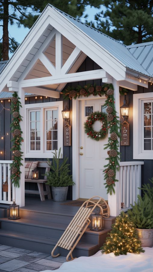Create a cozy, photorealistic exterior of a small rustic cabin decorated for Christmas. Feature a pine and berry wreath on the front door, a pinecone and twine garland draped along the porch railing, and metal or wooden lanterns placed on steps and windowsills. Include small potted evergreens in the entryway corners and a decorative wooden sign near the door. Add subtle string lights along the roofline or windows for a warm glow, and a snow-dusted wooden sled leaning against the porch for rustic charm. Capture the festive, inviting atmosphere of a small cabin Christmas exterior that complements the interior decor.