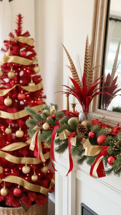 Decorating the Mantel to Complement a Red and Gold Christmas Tree