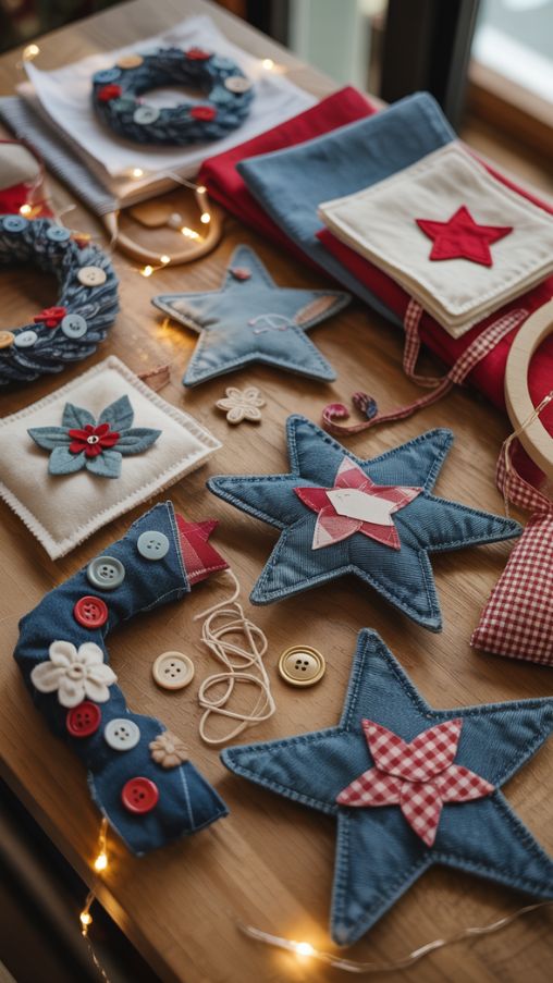 Denim, flannel, felt, and gingham fabric crafts with buttons and beads on a rustic crafting table for holiday décor