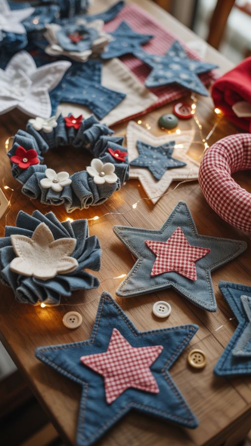 Denim, flannel, felt, and gingham fabric crafts with buttons and beads on a rustic crafting table for holiday décor