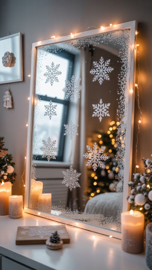 Easy Sticker and Frosted Effects for Mirror Christmas Decor