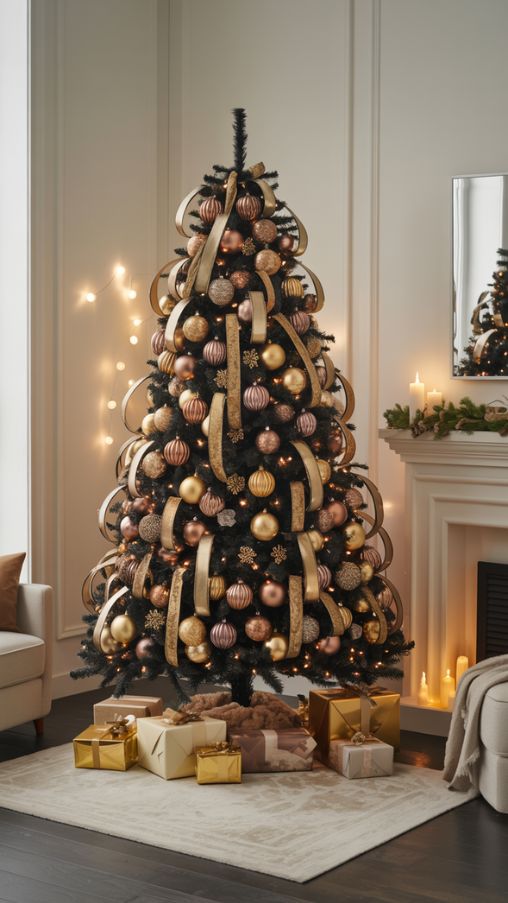 Elegant Metallic Accents for a Black Christmas Tree