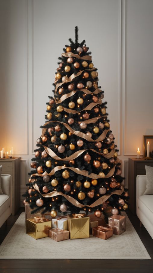 Elegant Metallic Accents for a Black Christmas Tree