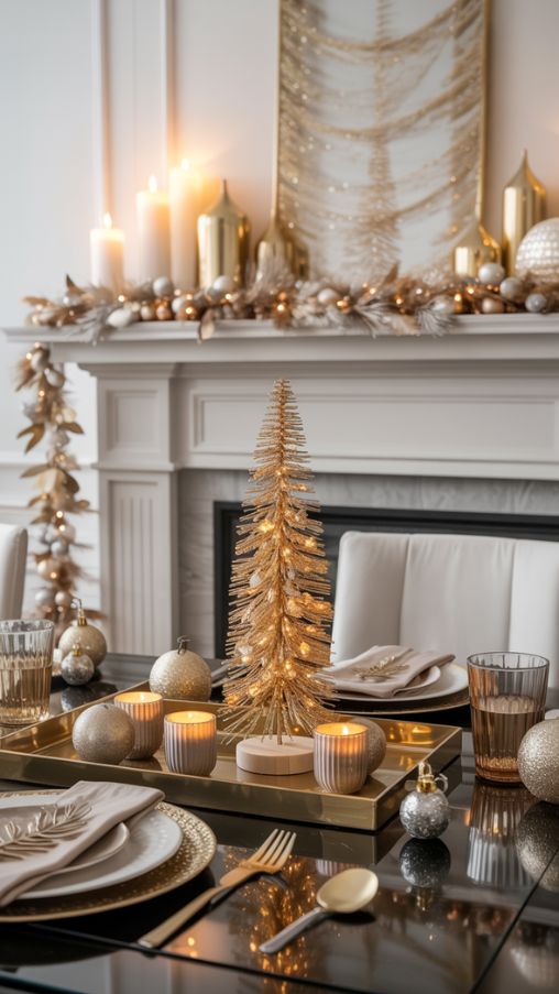 Elegant Metallic Mantel and Tablescapes for a Luxurious Holiday Setting