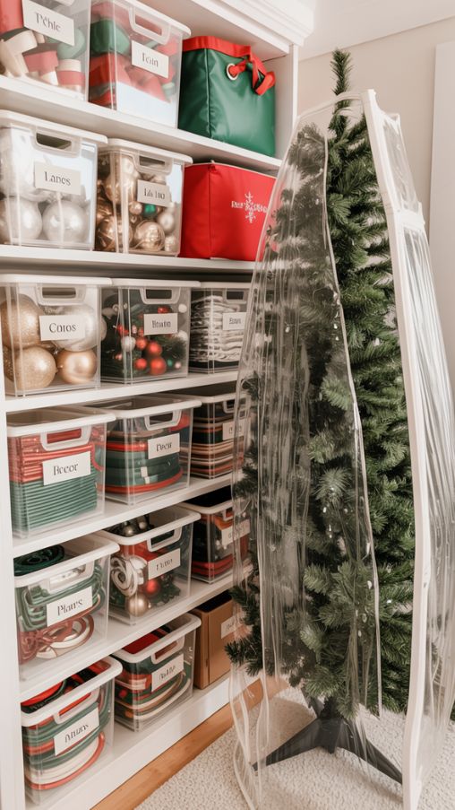 A cozy home storage scene showing organized Christmas decorations ready for next year. Clear labeled boxes contain individually wrapped ornaments, neatly coiled string lights, and carefully stored garlands and ribbons. A pre-lit artificial tree is partially disassembled and covered to protect it from dust. The space is well-lit and tidy, with holiday-themed storage bags and bins adding color and structure. Capture the sense of order, preparation, and care that ensures decorations remain safe, functional, and stress-free for the following holiday season.Keywords/Focus:
storing christmas decorations, organizing holiday ornaments, christmas tree maintenance tips