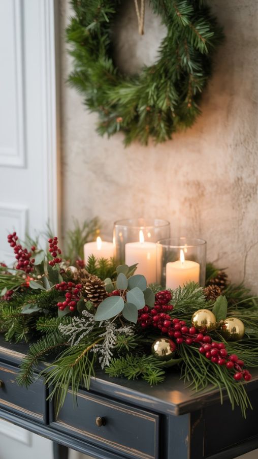 Entry Table Christmas Decor with Greenery and Festive Accents